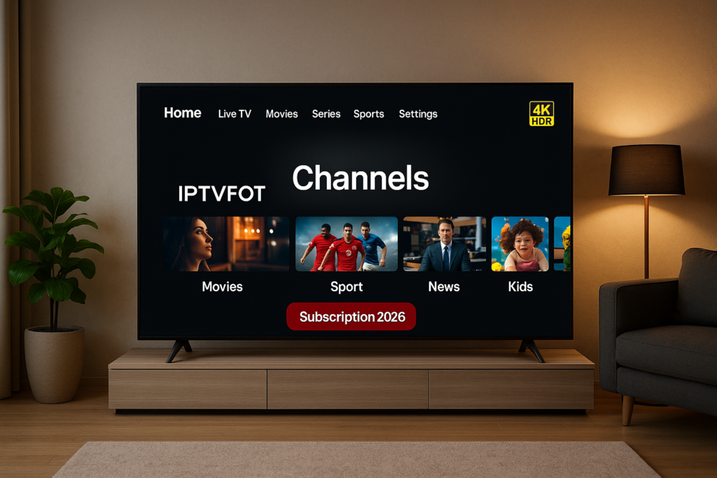 IPTV subscription plan interface showing live channels, on-demand content, and easy navigation for users