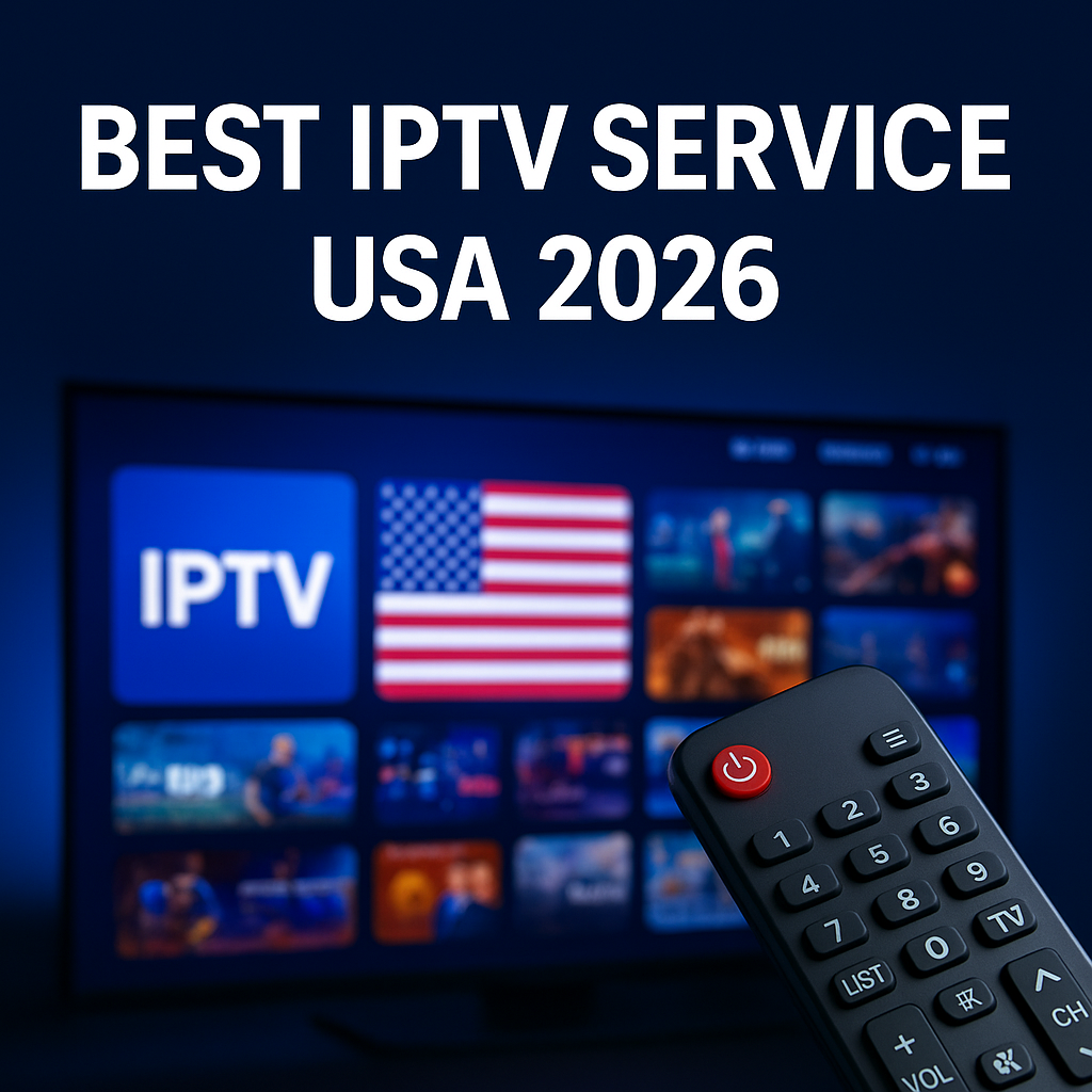 Promotional image for the best IPTV service USA 2026 featuring a smart TV displaying IPTV channels and a hand holding a remote control in a dark modern setu