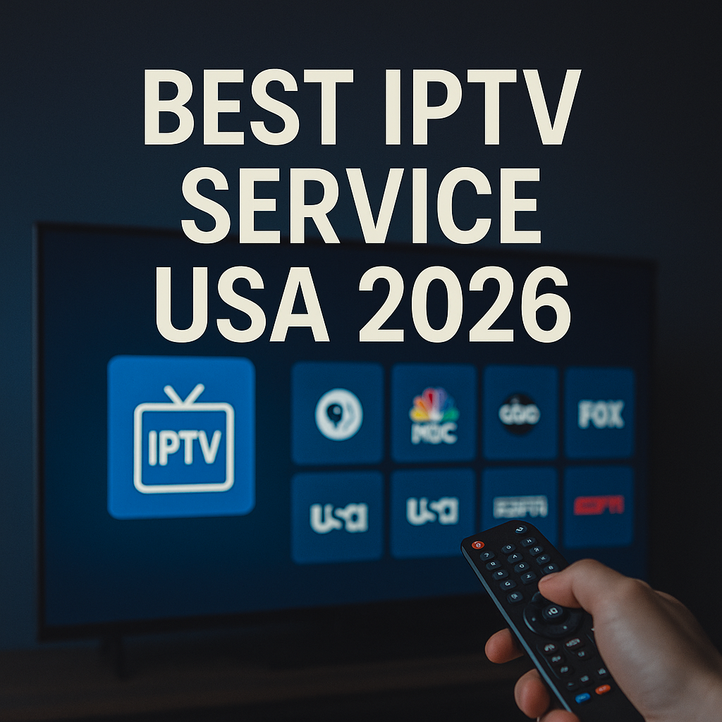 Promotional graphic showcasing the best IPTV service USA 2026 with a modern smart TV interface and a hand holding a remote control