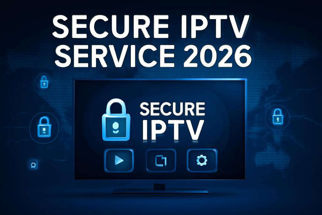 Secure IPTV Service 2026 displayed on a modern smart TV interface with digital security icons, encrypted streaming visuals and a remote control in hand