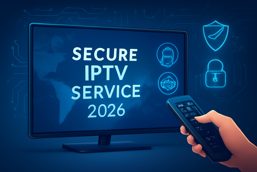Secure IPTV Service 2026 illustrated on a modern smart TV with digital encryption icons and a hand using a remote control in a professional blue-themed interface