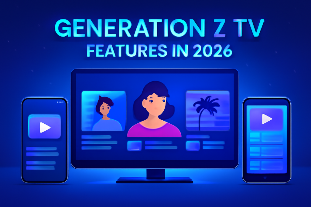 Digital illustration highlighting Generation Z TV features in 2026, showing a smart TV and mobile devices with modern streaming interfaces and vibrant neon colors