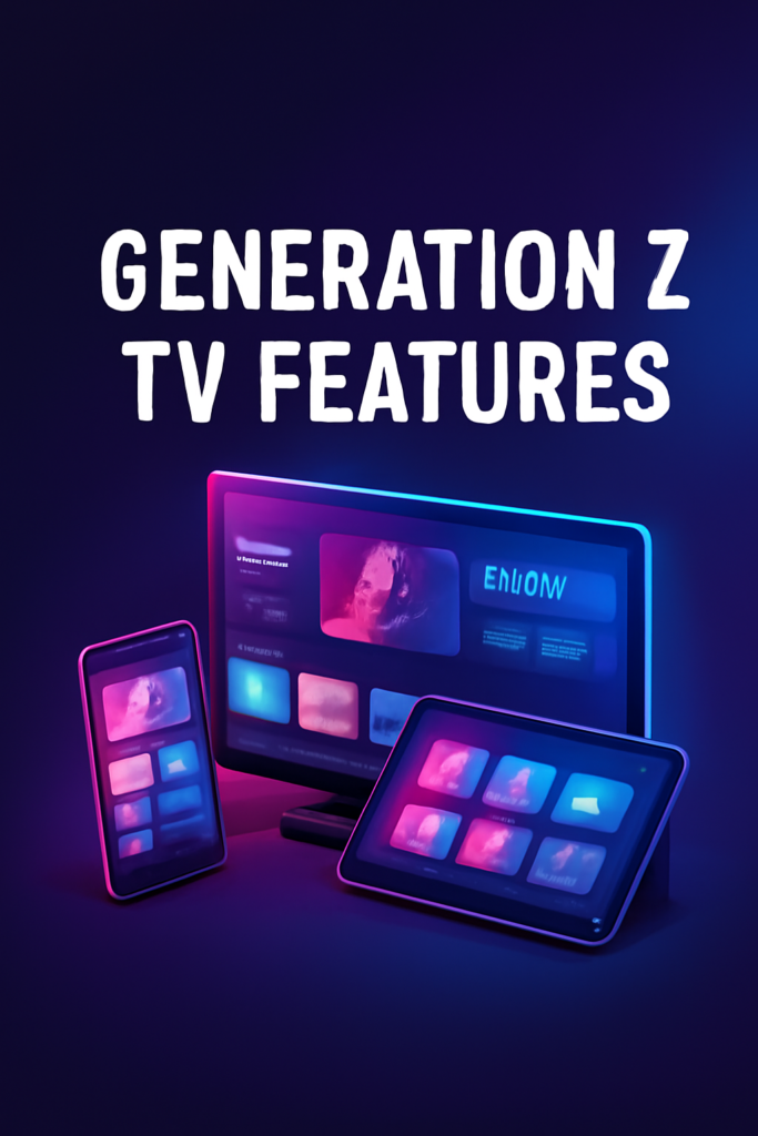 Generation Z TV features shown on a smart TV, smartphone and tablet with neon streaming interface, representing modern digital viewing habits in 2026